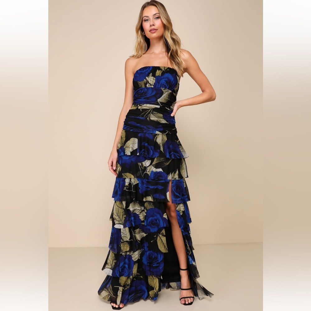 Lulus Phenomenal Aura Black Floral Ruched Tiered Strapless Maxi Dress - NWT